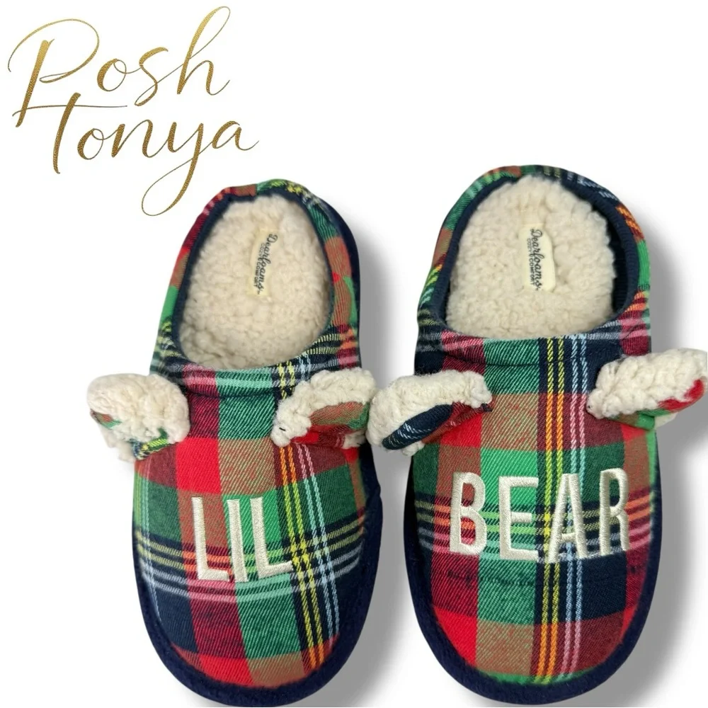 Dearfoams Lil Bear Kids Plaid Slippers Size 13/1 Sherpa Lined Cozy Cabincore